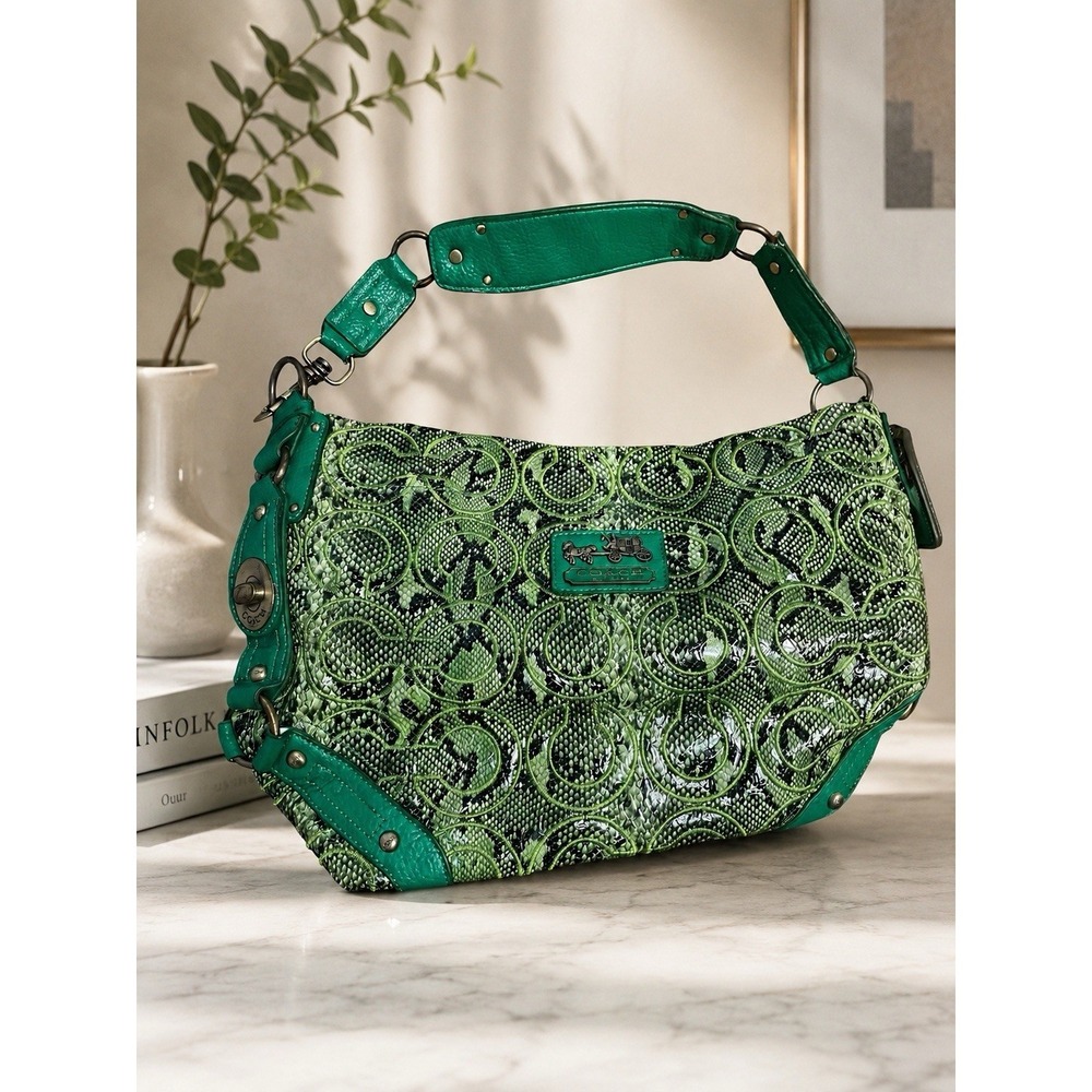 Coach Green Python Embossed Signature Hobo Shoulder Bag Style 10619